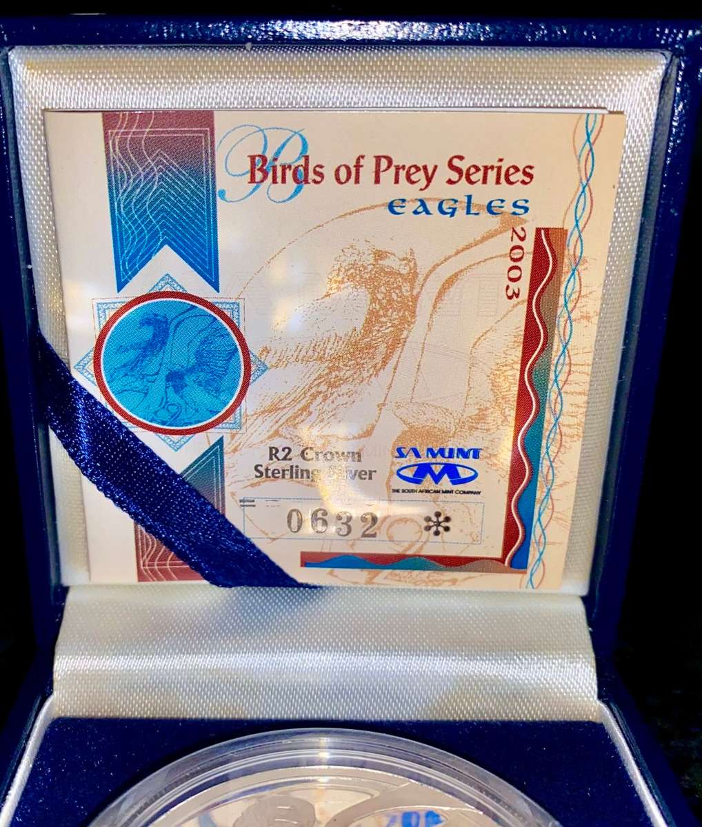 SOUTH AFRICA PROOF STERLING SILVER R2 -- 2003 EAGLES MINTAGE 2166 WITH CERT AND BLUE SA MINT BOX