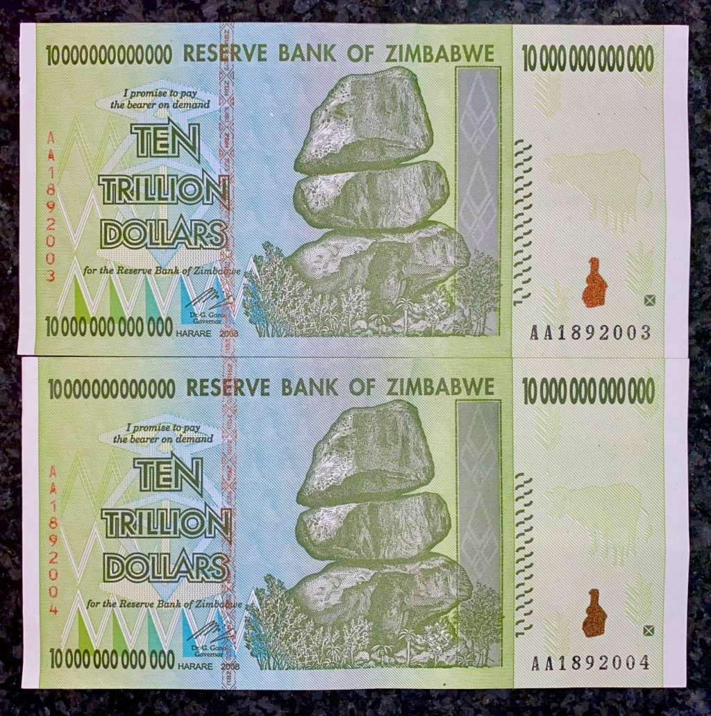 ZIMBABWE AA 10 TRILLION DOLLARS IN SEQUENCE AA1892003-004 HARARE 2008 ZIM BIRD WTM