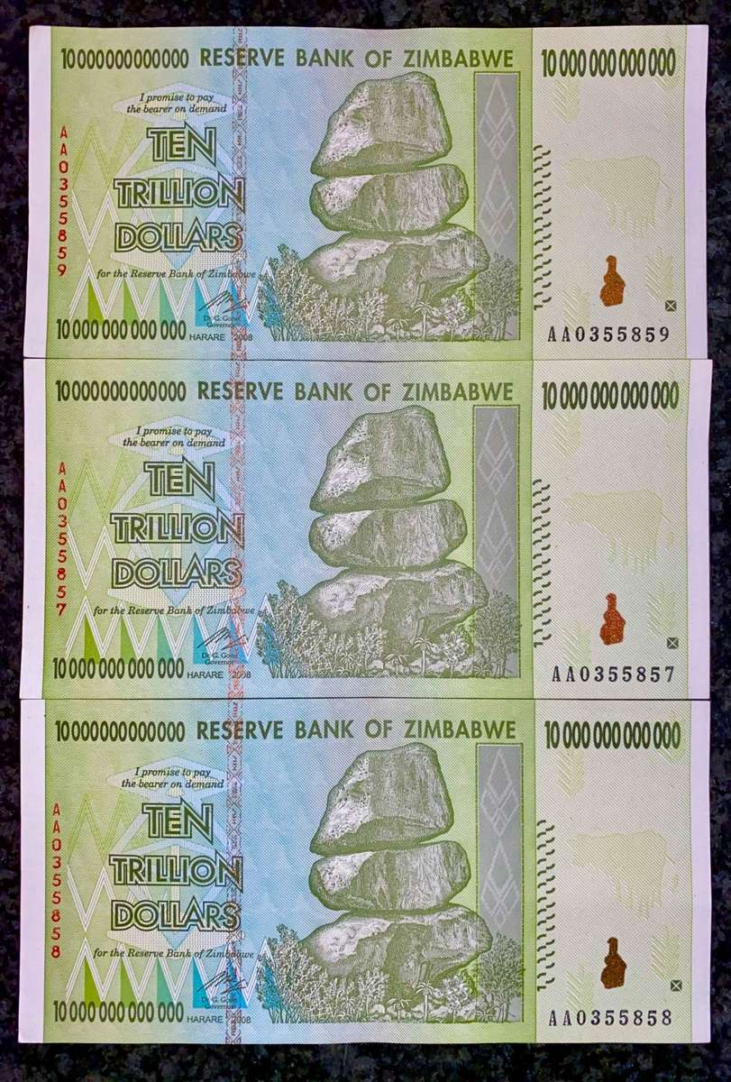 ZIMBABWE AA 10 TRILLION DOLLARS IN SEQUENCE AA0355859-857 HARARE 2008 ZIM BIRD WTM(1 BID TAKES ALL)