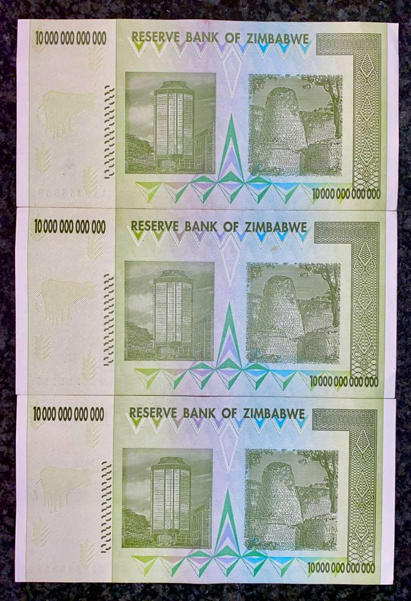 ZIMBABWE AA 10 TRILLION DOLLARS IN SEQUENCE AA0355859-857 HARARE 2008 ZIM BIRD WTM(1 BID TAKES ALL)