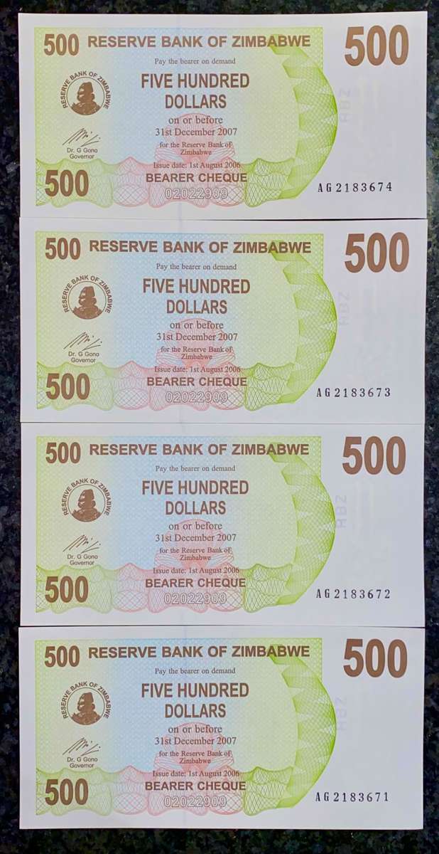 ZIMBABWE 500 DOLLARS IN SEQUENCE AG2183671-674 -- 2006 UNC  (1 BID TAKES ALL)
