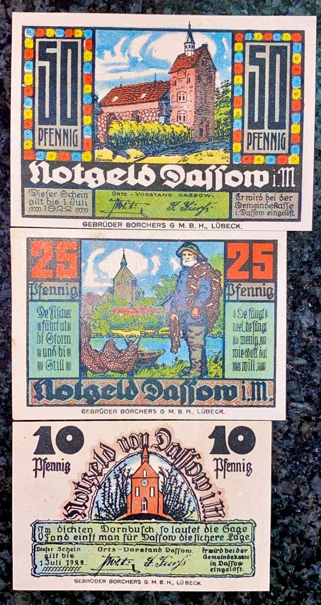 GERMANY SET - DASSOW - 50 PFENNIG & 10 PFENNIG 1922 UNC NOTGELD(EMERGENCY MONEY) AMAZING ART