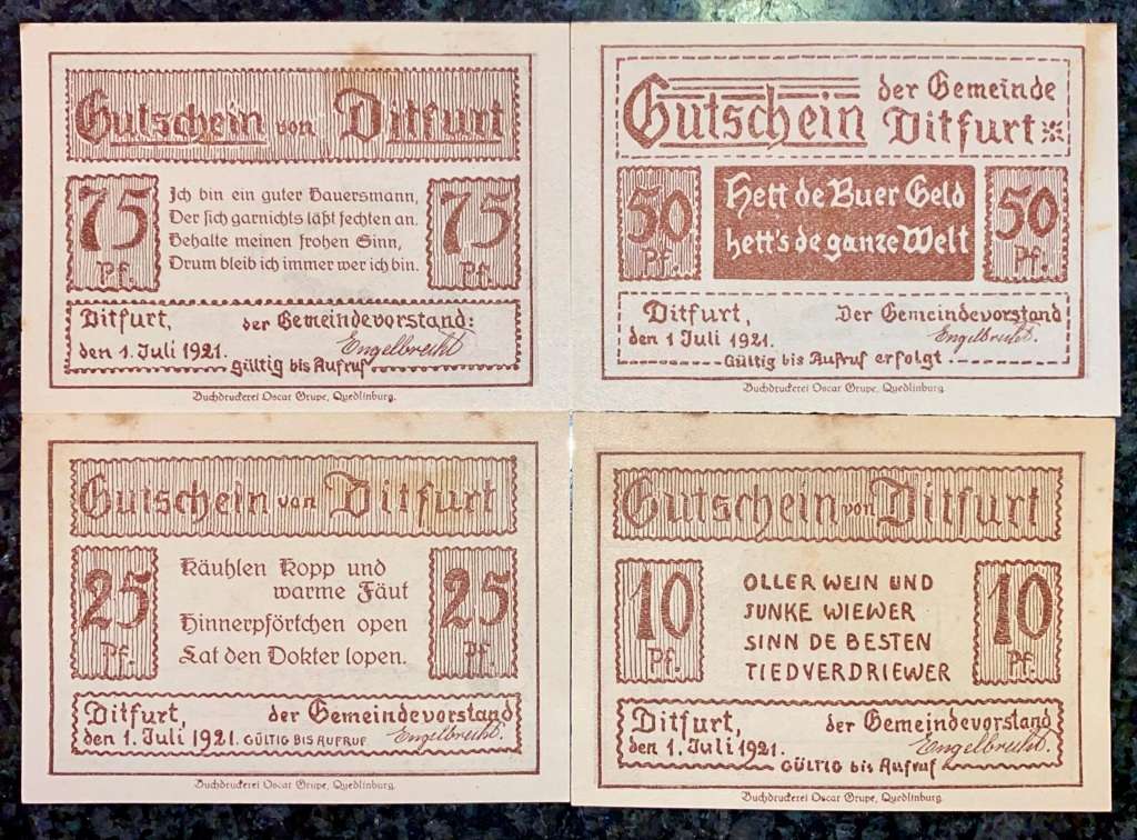 GERMANY SET - DITFURT - 75 PFENNIG TO 10 PFENNIG 1921 - UNC NOTGELD (EMERGENCY MONEY) - AMAZING ART