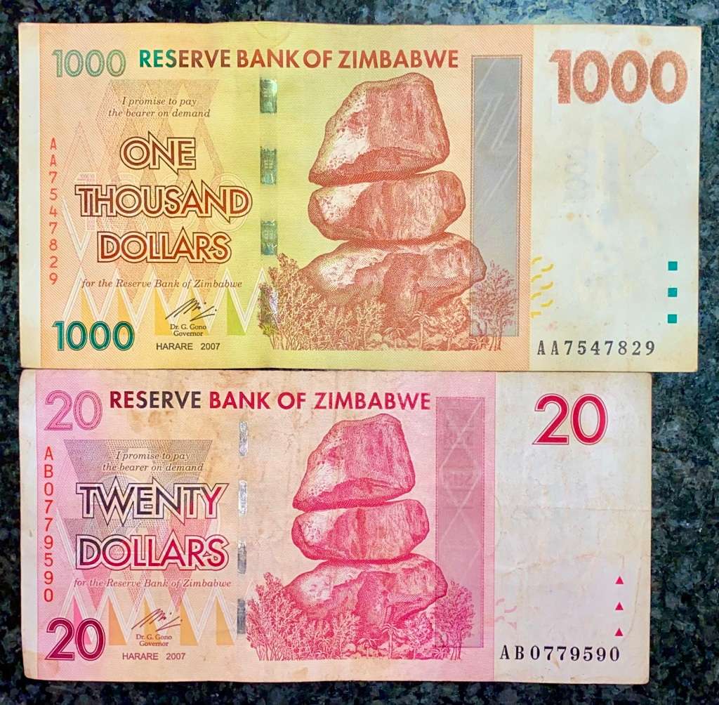 ZIMBABWE SET 1000 DOLLARS & 20 DOLLARS - HARARE 2007 (1 BID TAKES ALL)