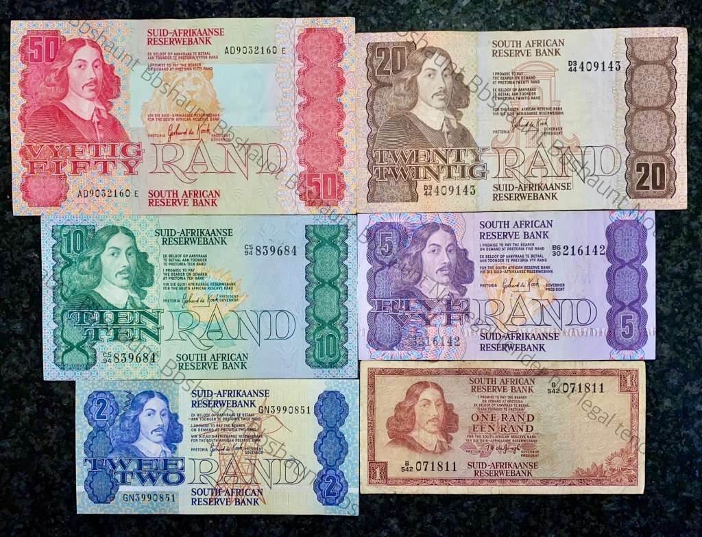 COMPLETE SET OF GPC DE KOCK & DECIMALS R50 TO R2 - 1980s (R1 TW DE JONGH 1975)- (1 BID TAKES ALL)