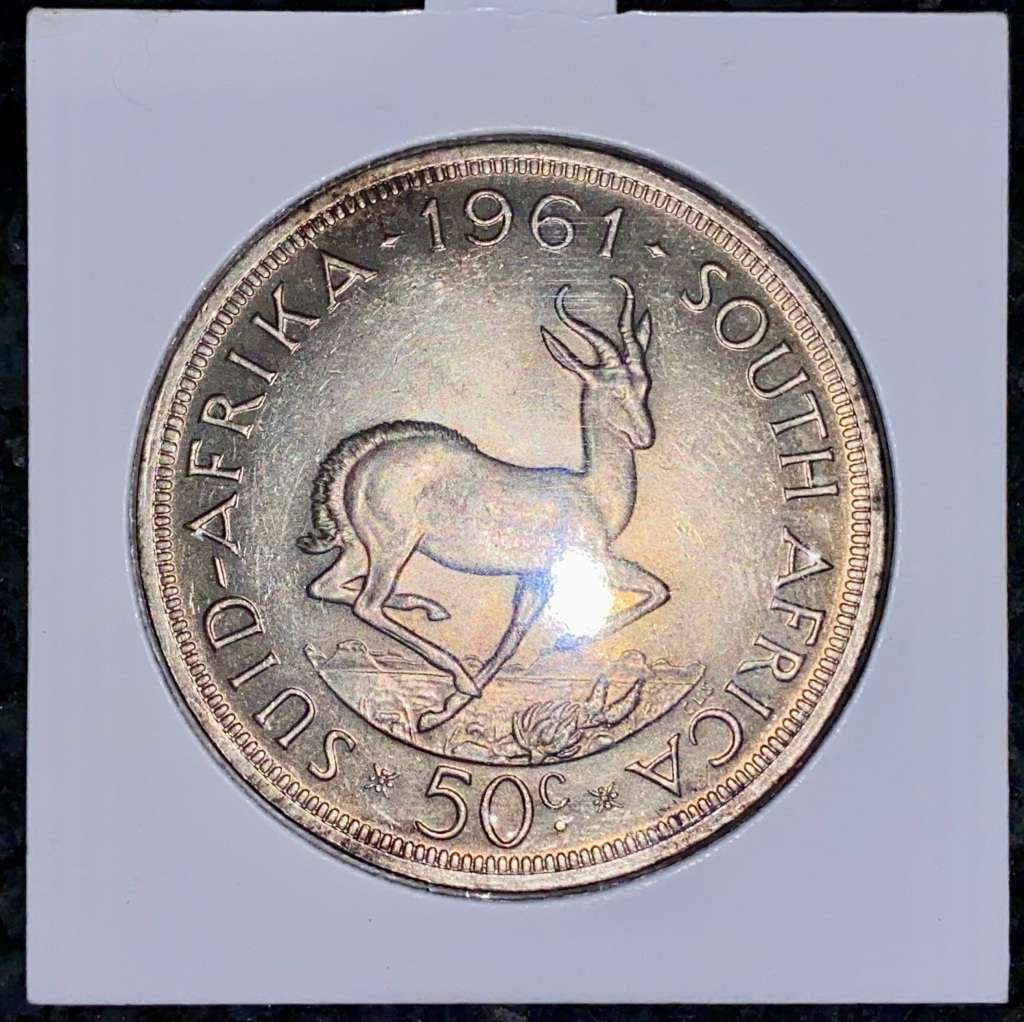 SOUTH AFRICA SILVER 50 CENT 1961 GOOD CONDITION SILVER CROWN SIZE IN COIN FLIP