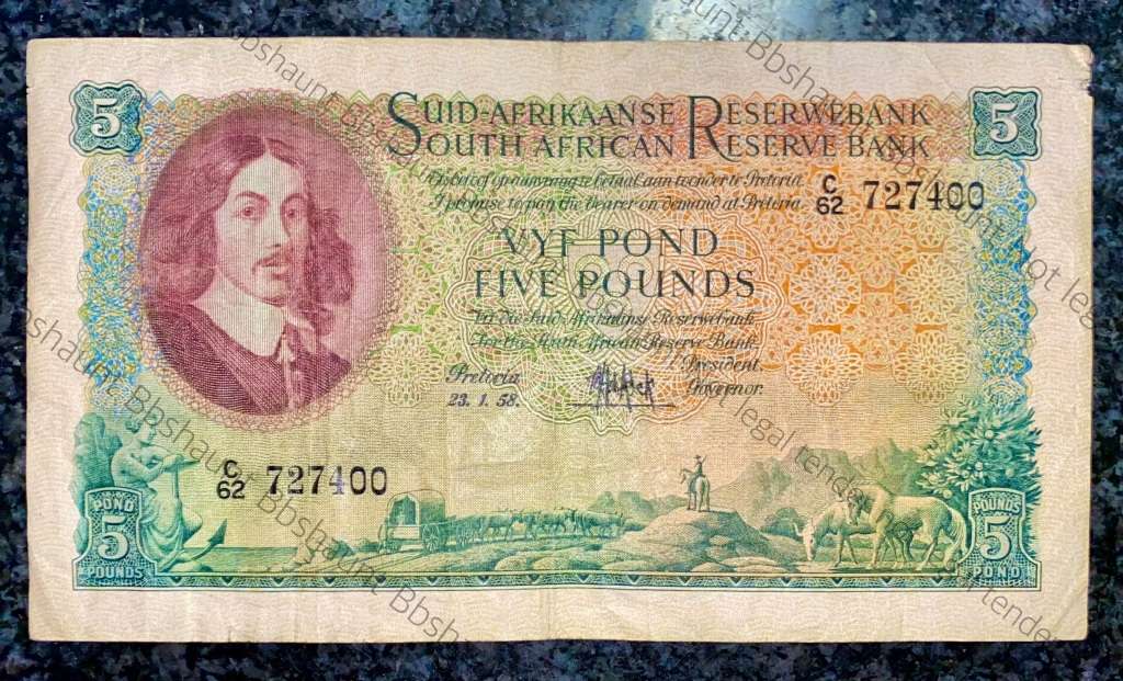 MH DE KOCK 5 POUND 23-01-1958 E/A 3RD ISSUE C62 VAN RIEBEECK WTM