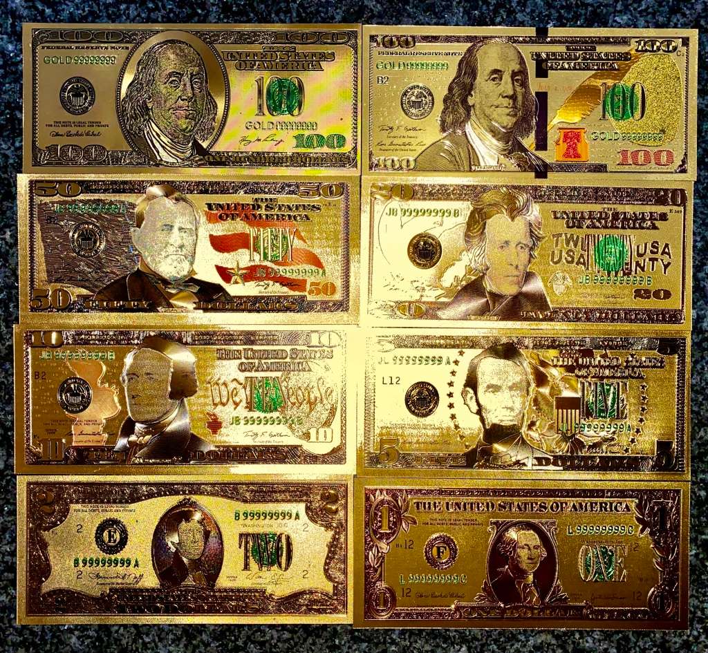 U S A GOLD FOIL - FULL SET 100 DOLLARS TO 1 DOLLAR - UNC GOLD 9999 CARD(1 BID TAKES ALL 8)