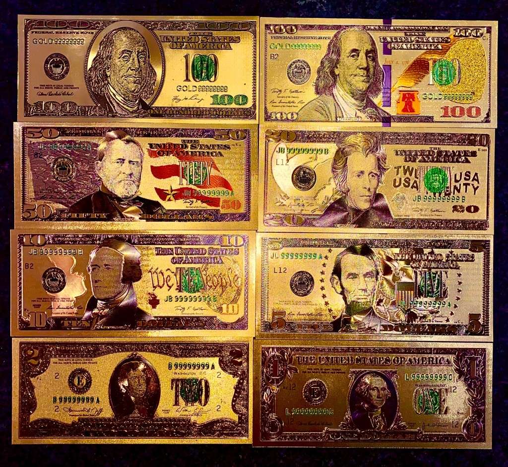 U S A GOLD FOIL - FULL SET 100 DOLLARS TO 1 DOLLAR - UNC GOLD 9999 CARD(1 BID TAKES ALL 8)