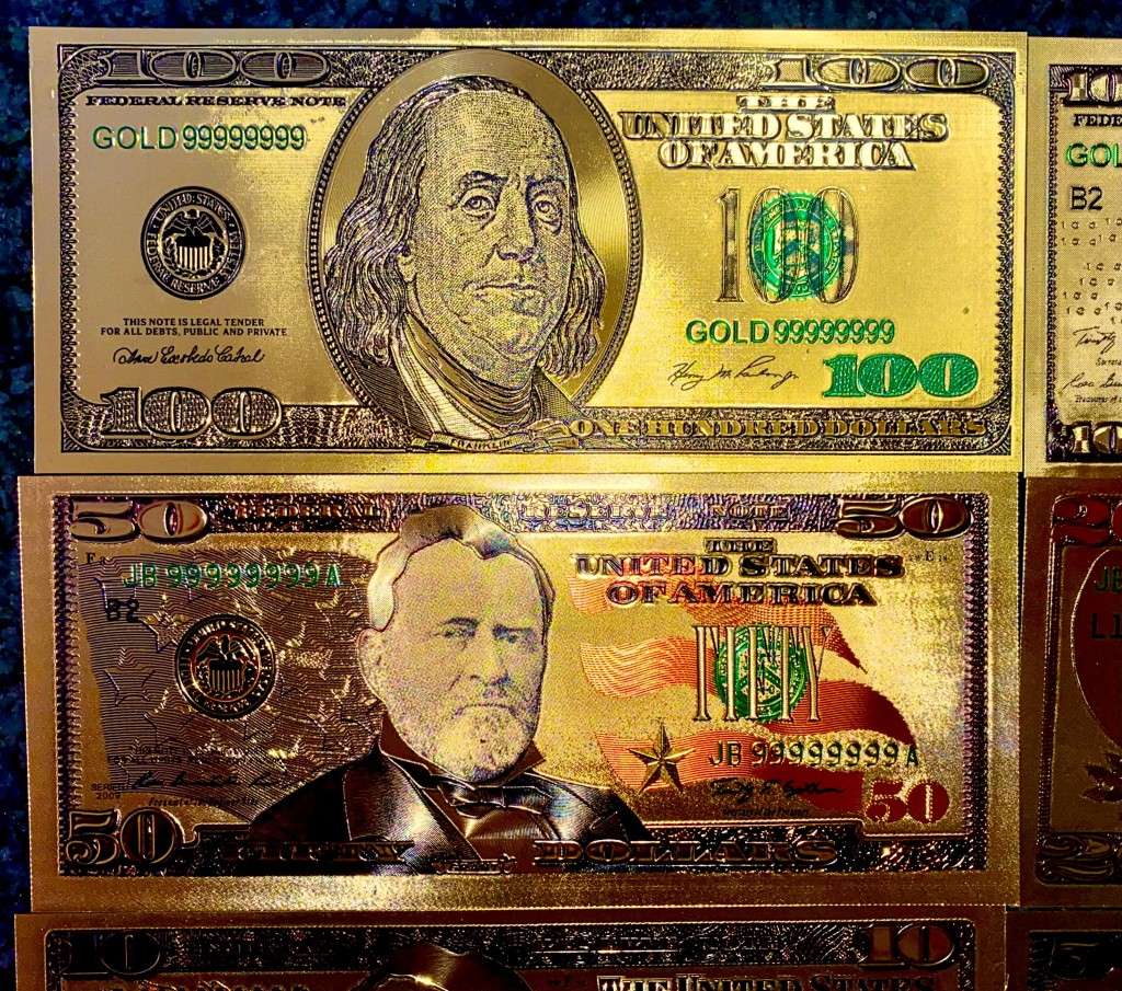 U S A GOLD FOIL - FULL SET 100 DOLLARS TO 1 DOLLAR - UNC GOLD 9999 CARD(1 BID TAKES ALL 8)