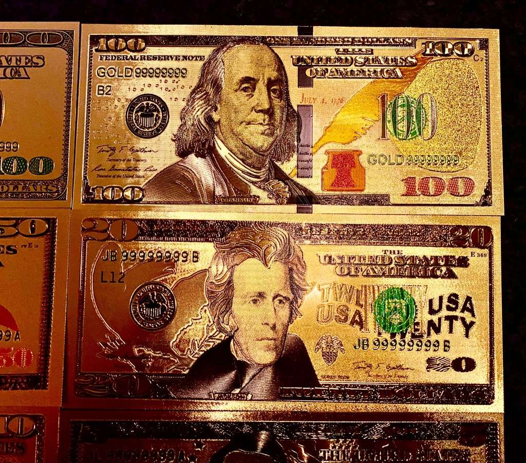 U S A GOLD FOIL - FULL SET 100 DOLLARS TO 1 DOLLAR - UNC GOLD 9999 CARD(1 BID TAKES ALL 8)