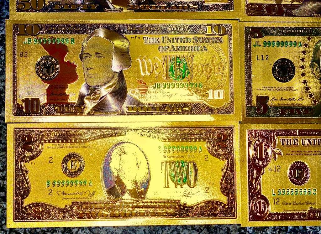 U S A GOLD FOIL - FULL SET 100 DOLLARS TO 1 DOLLAR - UNC GOLD 9999 CARD(1 BID TAKES ALL 8)