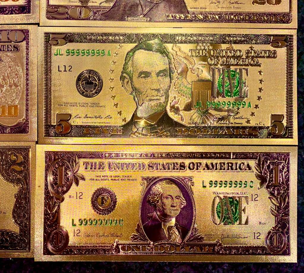 U S A GOLD FOIL - FULL SET 100 DOLLARS TO 1 DOLLAR - UNC GOLD 9999 CARD(1 BID TAKES ALL 8)