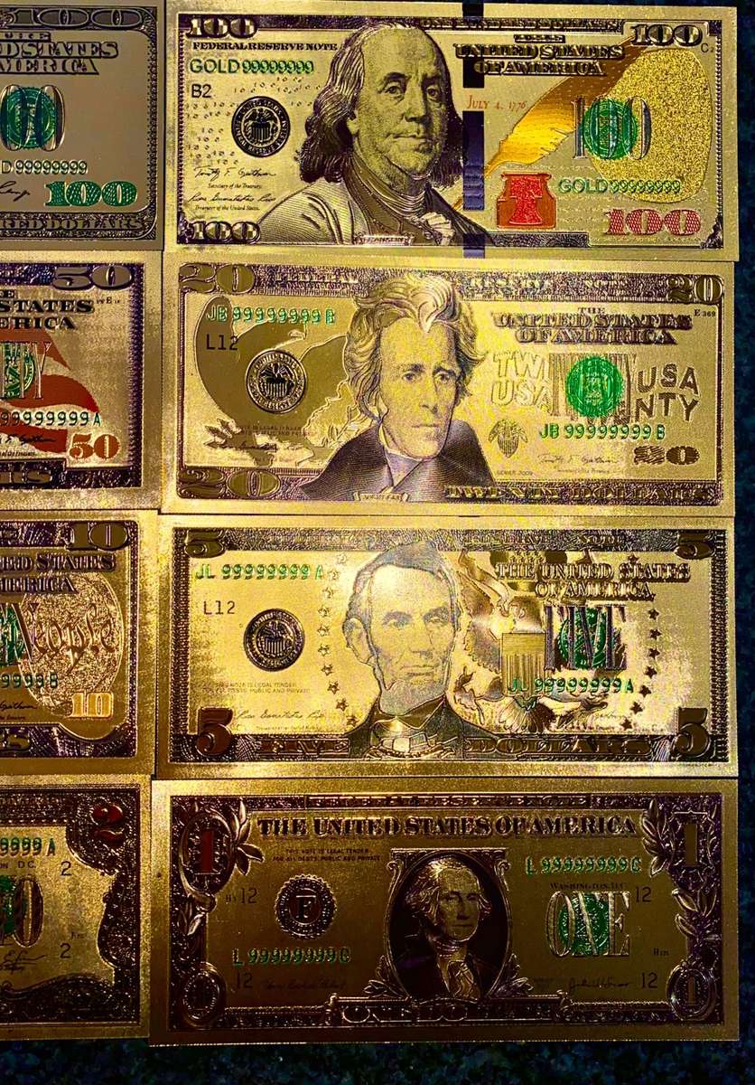 U S A GOLD FOIL - FULL SET 100 DOLLARS TO 1 DOLLAR - UNC GOLD 9999 CARD(1 BID TAKES ALL 8)