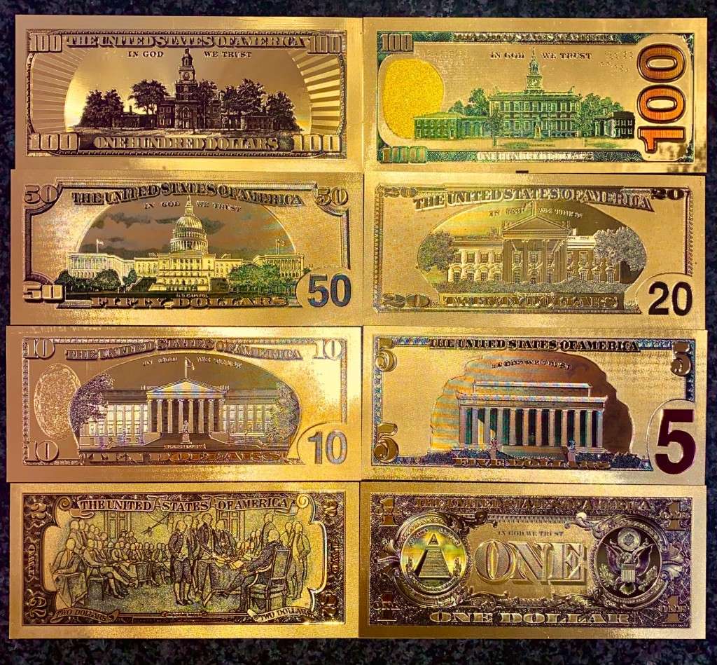 U S A GOLD FOIL - FULL SET 100 DOLLARS TO 1 DOLLAR - UNC GOLD 9999 CARD(1 BID TAKES ALL 8)