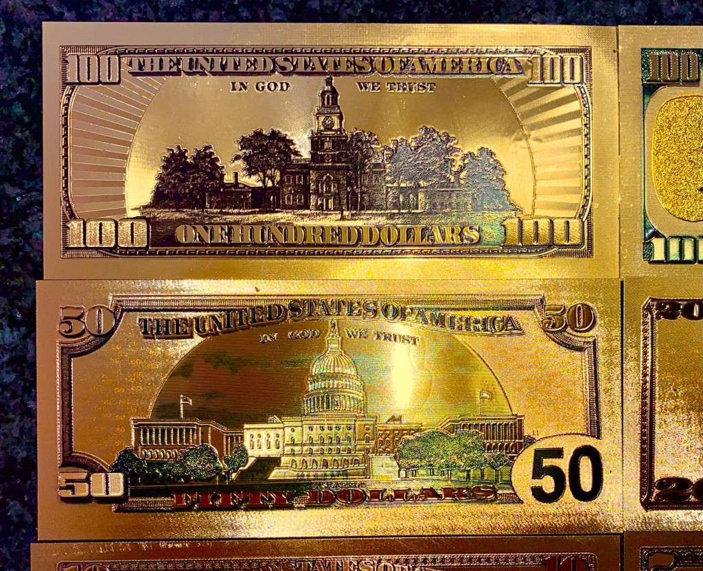 U S A GOLD FOIL - FULL SET 100 DOLLARS TO 1 DOLLAR - UNC GOLD 9999 CARD(1 BID TAKES ALL 8)