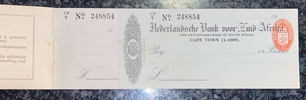 NEDERLANDSCHE BANK ZUID AFRICA OLD  BLANK CHEQUE BOOK 1900s. NO 248854-875(1 BID TAKES ALL)
