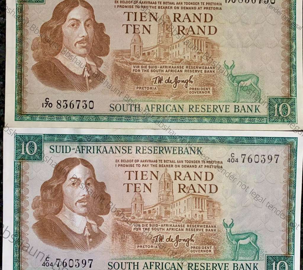 TW DE JONGH R10 DIFFERENT COLOURS 1ST ISSUE 1967 & 3RD ISSUE 1975 (1 BID TAKES ALL)