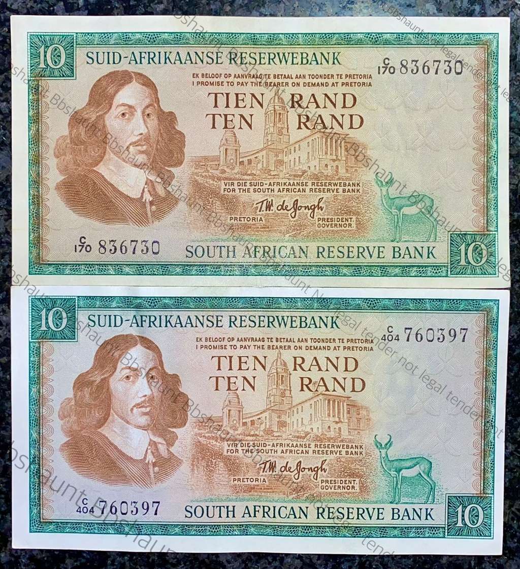 TW DE JONGH R10 DIFFERENT COLOURS 1ST ISSUE 1967 & 3RD ISSUE 1975 (1 BID TAKES ALL)