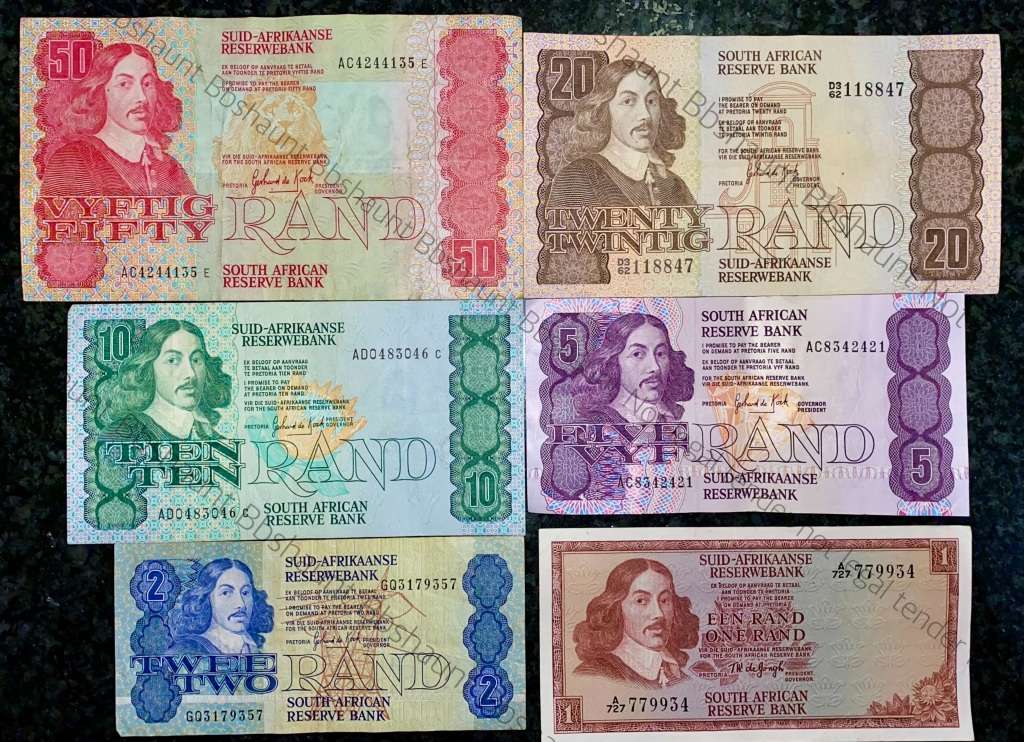 COMPLETE SET OF GPC DE KOCK & DECIMALS R50 TO R2 - 1980s (R1 TW DE JONGH 1975)- (1 BID TAKES ALL)