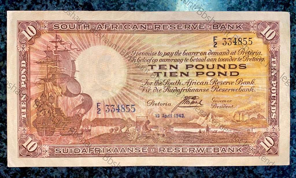 J POSTMUS 10 POUND 19TH APRIL 1943 - F2 - VAN RIEBEECK WTM E/A FIRST ISSUE