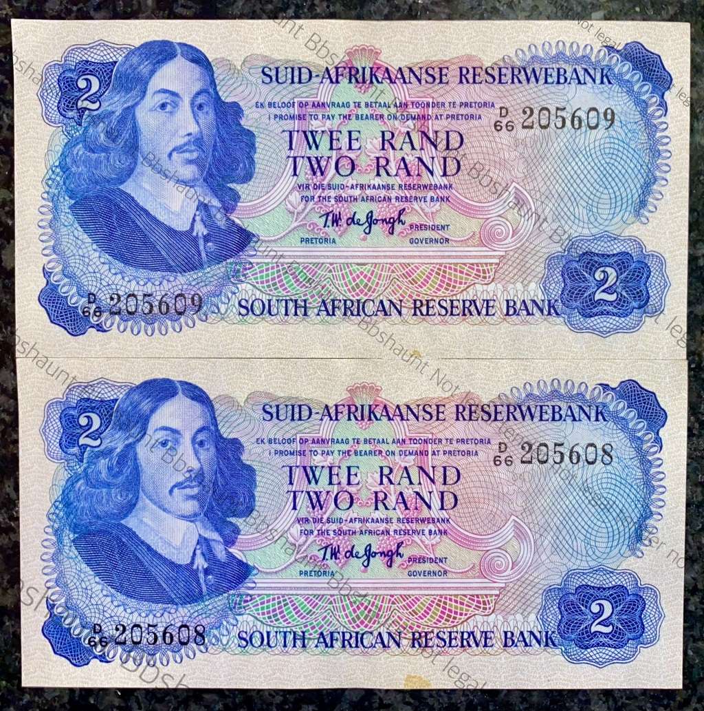 TW DE JONGH R2 IN SEQUENCE D66 /205608-609 UNC-AUNC 2ND ISSUE 1974 SPRINGBUCK WTM(1BID TAKES ALL)