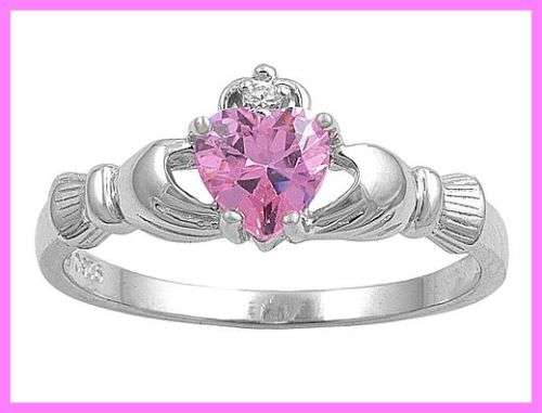 CELTIC HEART SHAPED PINK SAPPHIRE CZ CLADDAGH RING - SIZE: 8