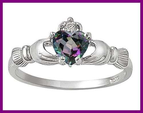 CELTIC HEART SHAPED MYSTIC TOPAZ CZ CLADDAGH RING - SIZE: 10