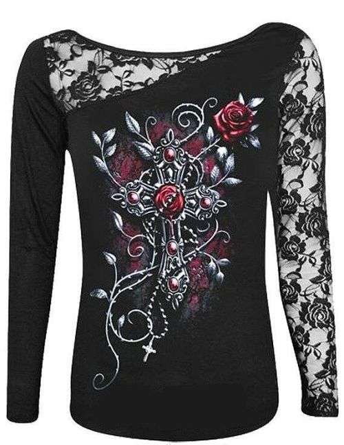 GORGEOUS GOTH BLACK LACE SLEEVE SHIRT - SIZE : 2XL