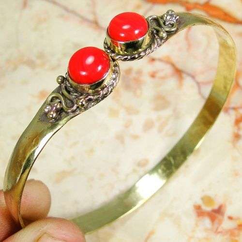 ** HANDCRAFTED ** RED CORAL 925 SILVER BRACELET - GOLD COLOR