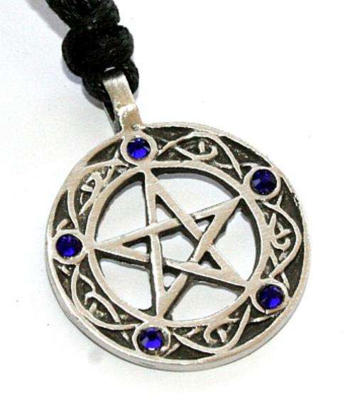 5 CRYSTAL SOLID PEWTER PENTAGRAM PENDANT WITH BLACK CORD NECKLACE