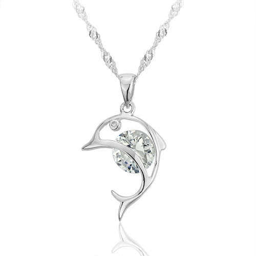 SOLID 925 STERLING SILVER CZ DOLPHIN PENDANT AND CHAIN