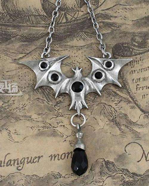 BLACK CRYSTAL AND PEWTER BAT PENDANT AND CHAIN