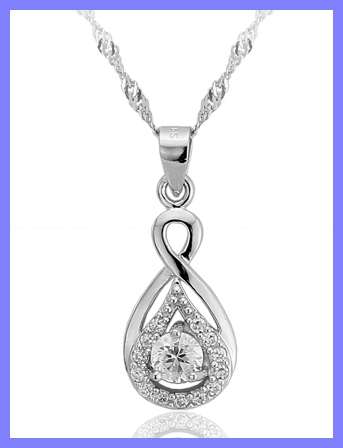 SOLID 925 STERLING SILVER CR. DIAMOND PENDANT AND CHAIN