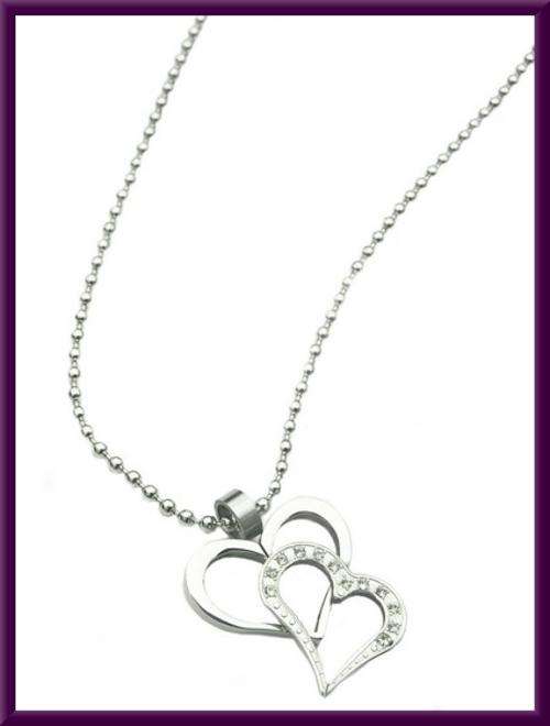 DOUBLE HEART LOVE CRYSTAL SILVER SS PENDANT AND CHAIN