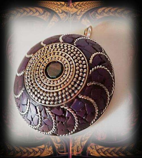 EXOTIC LARGE HANDMADE NEPAL 925 SILVER PURPLE CORAL PENDANT