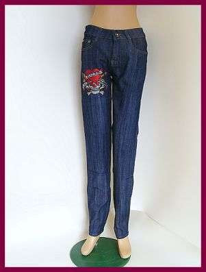 SIZE: 36 - DARK BLUE STRETCH DENIM JEANS WITH RHINESTONE DETAIL