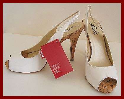 SIZE 6 - GENUINE LEVI'S - WHITE PEEPTOE SLINGBACK SANDALS WITH CORK HEEL