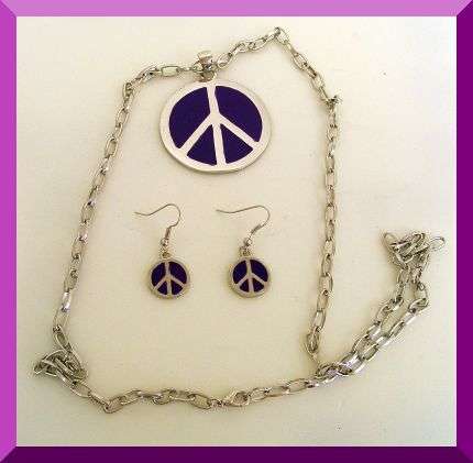 HIPPY CHIC - PURPLE and SILVER PEACE SIGN NECKLACE & EARRINGS SET