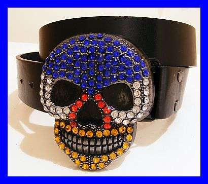 AWESOME COLOURFUL DIAMANTE SKULL BUCKLE WITH BLACK BELT - 120CM