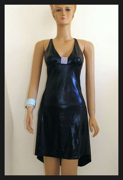 STUNNING BLACK LEATHER LOOK MINI DRESS / TOP WITH LACE UP BACK - MEDIUM