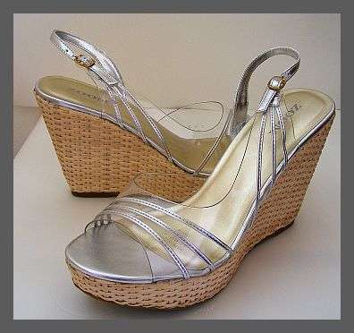 SIZE 7 - CLEAR & SILVER BASKET WEAVE WEDGE HEEL SANDALS