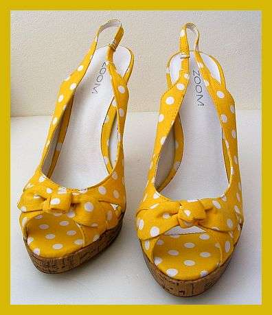 SIZE 7 - YELLOW AND WHITE CORK PLATFORM HEEL SANDALS FROM ZOOM