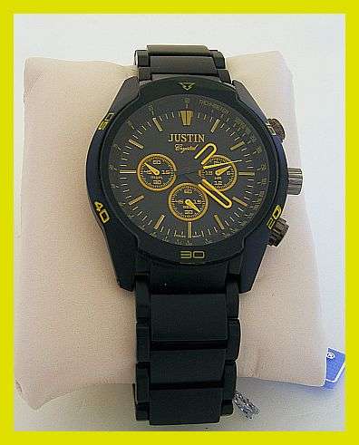 *R1* - MENS JUSTIN WATCH WITH A BLACK METAL STRAP AND YELLOW HANDS