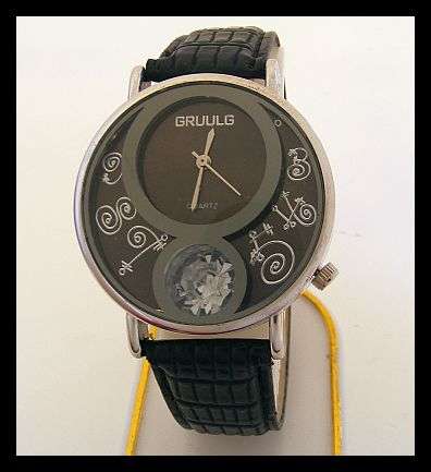 GORGEOUS BLACK LEATHER WATCH WITH GUNMETAL AND DIAMANTE FACE