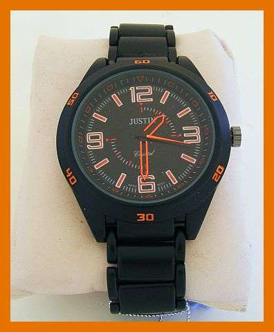 BLACK METAL  JUSTIN WATCH WITH NEON ORANGE FACE AND HANDS