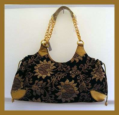 BLACK AND GOLD TAPESTRY CARPETBAGGER HANDBAG WITH CHAIN HANDLES