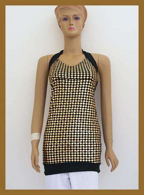 SIZE: MEDIUM - BLACK AND GOLD HALTER TOP WITH BUILT IN BRA