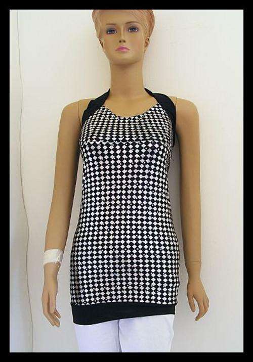 SIZE: X-LARGE - BLACK AND SILVER LONG HALTER TOP WITH BUILT IN BRA