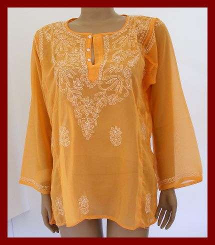 *R1* - PRETTY ORANGE CHIFFON EMBROIDERED SHIRT - LARGE